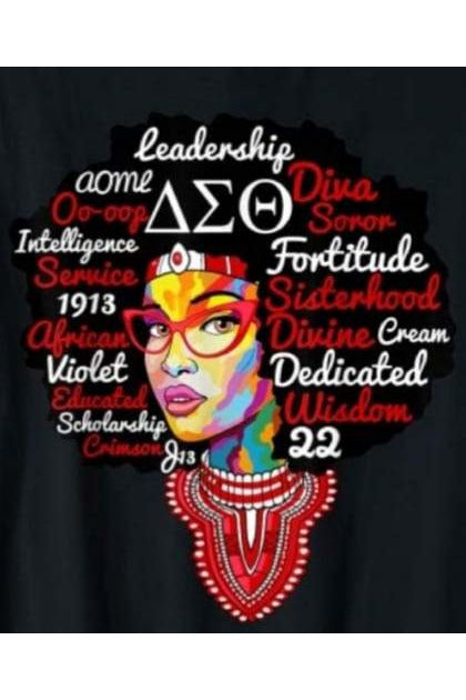 A colorful t-shirt featuring a graphic design with text and the image of a woman's face adorned with traditional African attire and accessories, including a headwrap and beaded necklace.