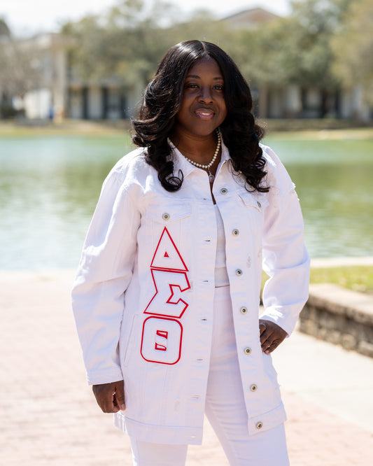 White Oversized Delta Sigma Theta Denim Chenille Jacket