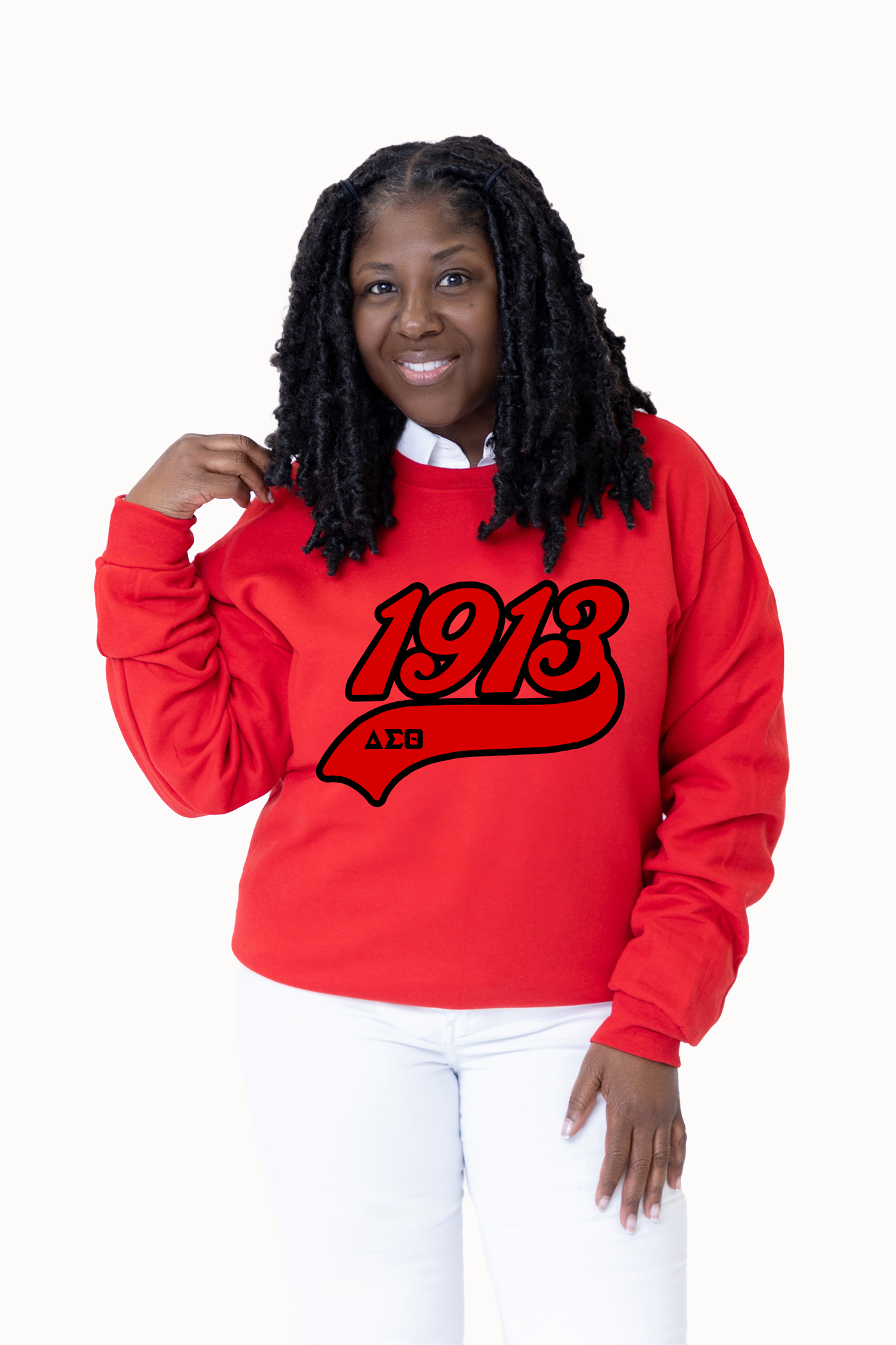 Person wearing a red sweatshirt with '1913' printed on it against a white background