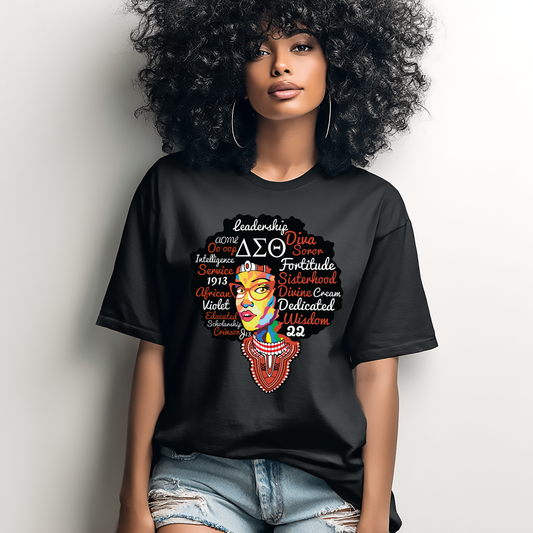 Woman wearing a black t-shirt with colorful graphics and text